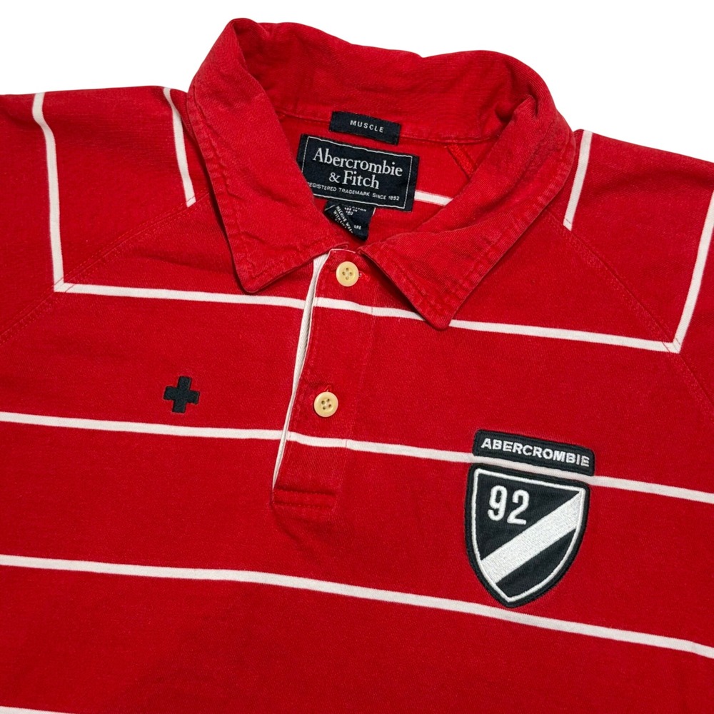 Abercrombie & Fitch Polo Shirt‎ Mens L Red White Striped Muscle Fit 92 Crest Y2K